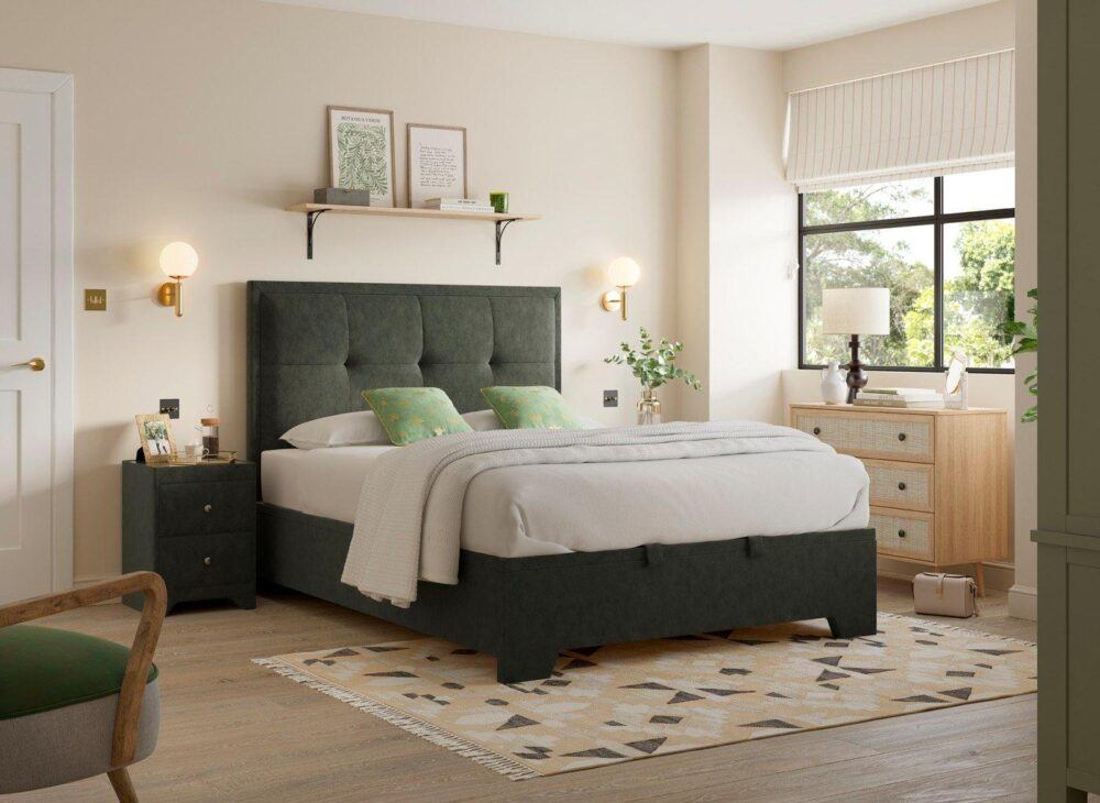 Green Hopkins ottoman bed in a neutral room