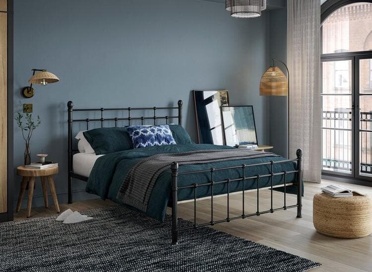 Downton Metal Bed Frame in Black in dark and moody bedroom