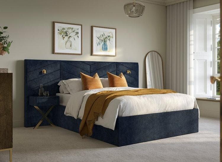 Navy Saffron Upholstered Ottoman Bed Frame With Bedside Tables