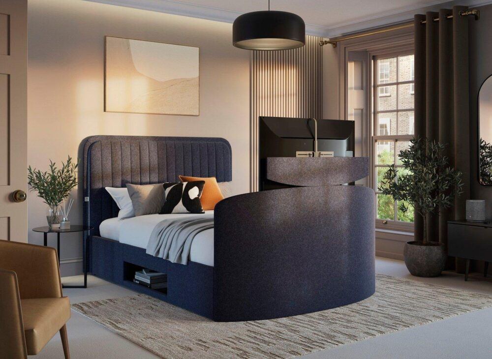 Alexis Upholstered Ottoman LG TV Bed Frame in navy blue