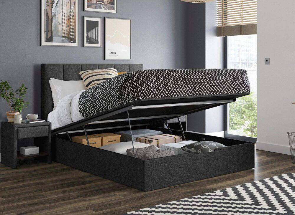 Ealing Upholstered Ottoman Bed Frame in dark grey lifted