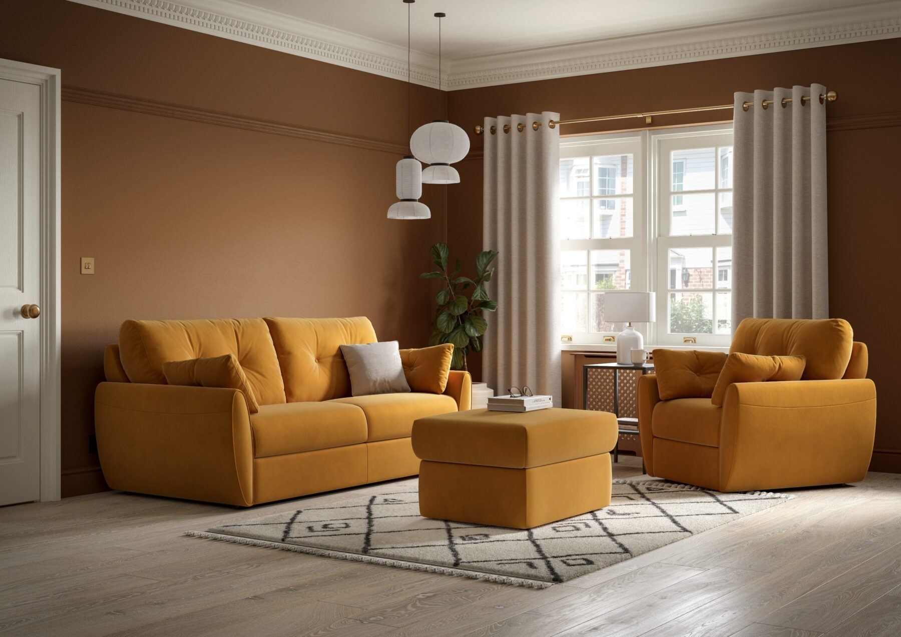 A mustard sofa set pictured in a warm brown room