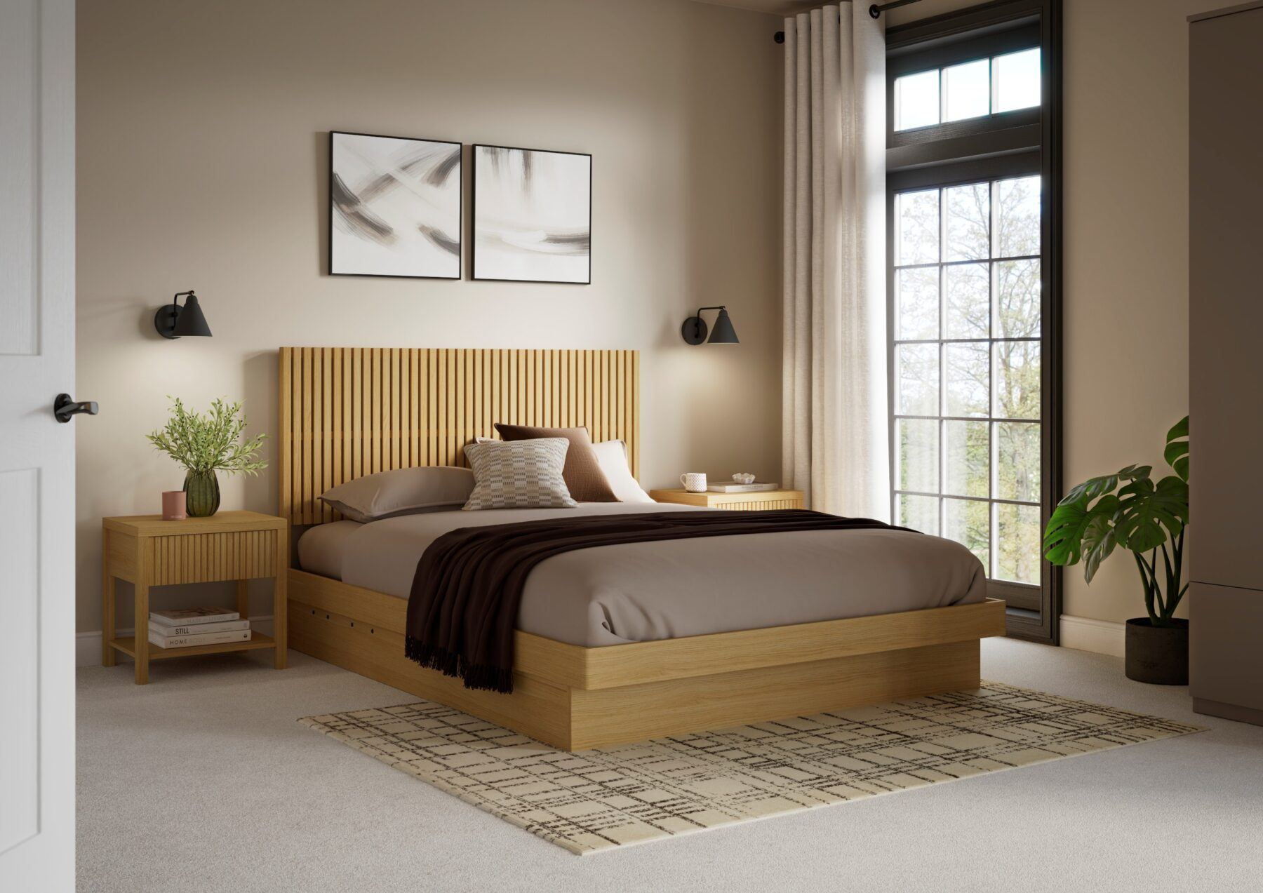 A natural wooden bed frame pictured in a Japandi inspired room
