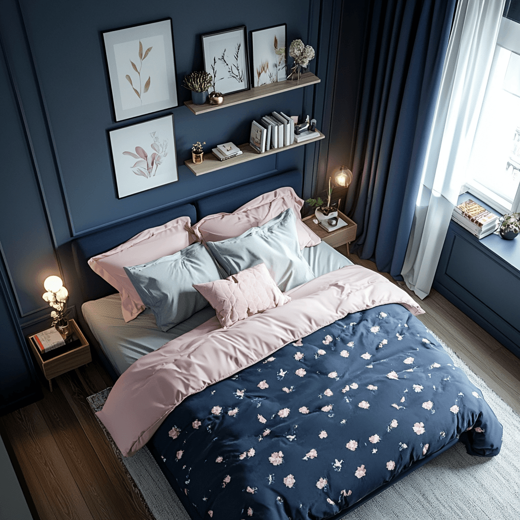 Midjourney AI image showcasing a small bedroom layout with floating shelves for storage